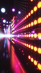 Fototapeta premium Pixelated data stream with binary code, encryption concept, glowing dots on a tech background.