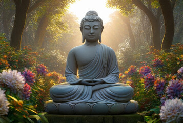 Buddha statue in the garden at sunset,Thailand.