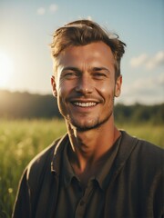 Portrait of a happy smiling russian man on grass lands with sunlight rays, concept of faith joy happiness worship from Generative AI