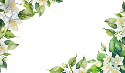 Fotobehang watercolor jasmine flower isolated on white background. border corner. jamine leaves PNG © Masjid