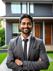 Portrait of confident indian man real estate agent outside a modern home, real estate sale ad business concept from Generative AI