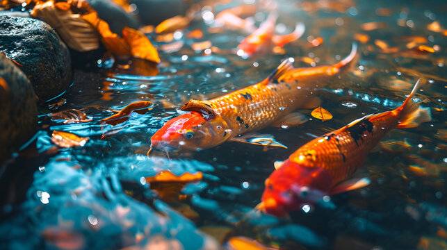 fish in water, Fancy carp or koi fish are red,orange, white, black. view of carp - bekko. decorative bright fish