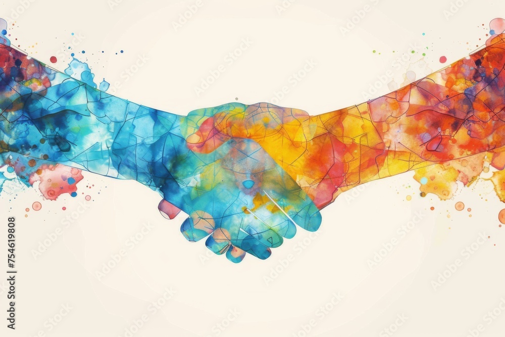 Poster watercolor handshake with a splash effect - an artistic representation of a handshake blended with v