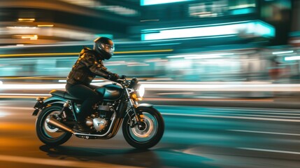 Man night ride motorcycle with blurred light effect on the background