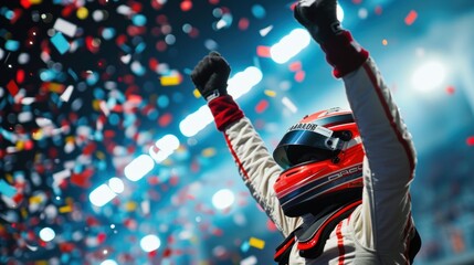 Race car driver celebrating the win in a race, bright stadium light and confetti, winning the competition - obrazy, fototapety, plakaty
