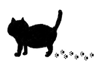 歩く猫のシルエット 足跡 クレヨンタッチ
