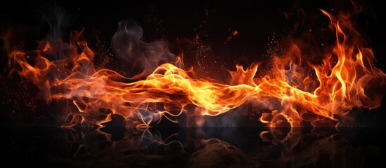 A large fire blazes intensely, releasing orange and yellow flames that flicker and dance against a dark black background. Sparks fly as the flames consume everything in their path.