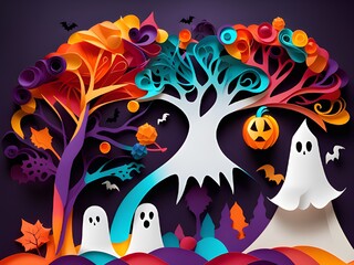 Fototapeta na wymiar halloween background with pumpkins, bats, ghost, tree. illustration