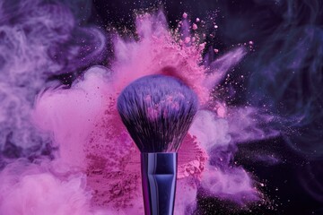 Makeup brush with pink powder and smoke on a dark background