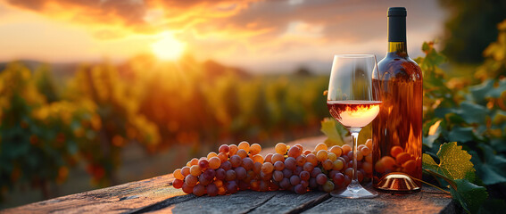 Glass Of Wine With Grapes And Barrel On A Sunny Background. Italy Tuscany Region Banner - obrazy, fototapety, plakaty