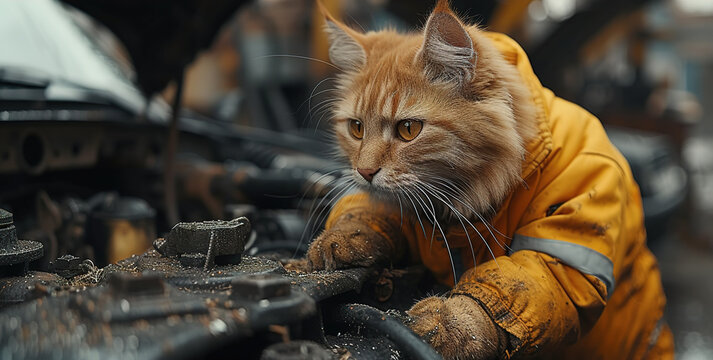 A cat mechanic repairs a car in a car service station using tools