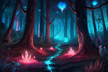 Enchanting fantasy forest art. Bioluminescent plants, glowing crystals, fireflies. Pandora-like planet at night. Epic landscape with blue and pink glow. 