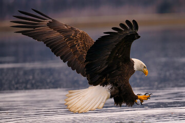 American Bald Eagle (Haliaeetus leucocephalus) catching fish near Homer Alaska