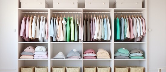 A white closet in a kids room filled with an abundance of clothes and baskets. The space is brimming with neatly folded garments and various storage containers.