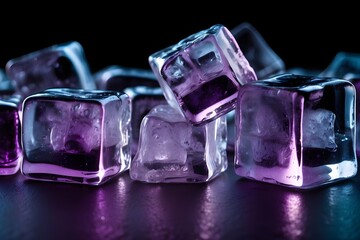 panoramic shot of transparent ice cubes with purple colorful lighting isolated on black Generative AI