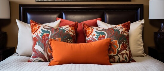 A neatly made bed with orange and brown pillows arranged in an orderly fashion. The pillows add a pop of color against the crisp white sheets.
