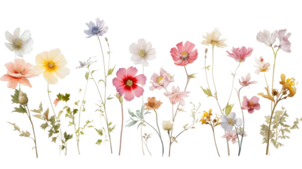 Set of watercolor wildflowers painting isolated on clear png background and transparent background. Fresh and nature concept for nature decorative and flower element, AI generative.	