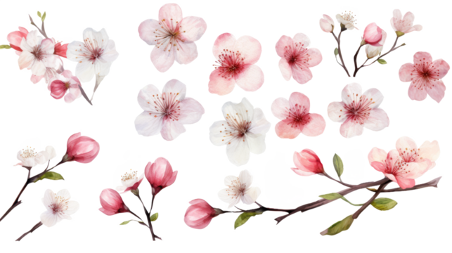 Set of watercolor wildflowers painting isolated on clear png background and transparent background. Fresh and nature concept for nature decorative and flower element, AI generative.	