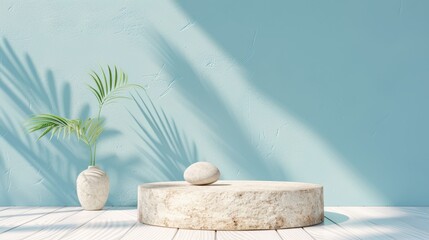 Minimalistic blue podium with stone wall and greenery   fashion showcase for summer sale
