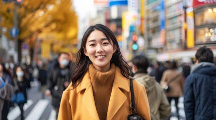 Asian woman shopping in the Shibuya district, Tokyo, Japan with the crowd of people walking in the city. Attractive girl enjoys and fun outdoor lifestyle travel city in autumn holiday vacation