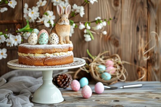 Stand with Easter cake, painted eggs and bunny on wooden background