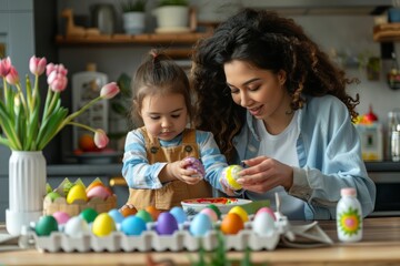 Obraz premium Loving ethnic young mother teaching happy little kid soon to dye and decorate eggs.Easter traditions