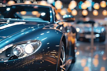 Exclusive sports car on display in dealership with bokeh lights