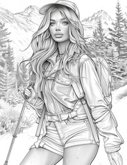 female traveler in the mountains with a backpack behind her back. illustration for anti-stress coloring books for adults and children.