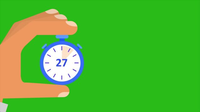30 second stopwatch countdown timer animation from 30 to 0 seconds on green screen background, 4k footage