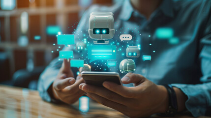 Digital chatbot, chat GPT, robot application, conversation assistant, Artificial intelligence Man using a mobile smartphone, with a digital chatbot on virtual screen, ChatGPT AI Chatbot concept