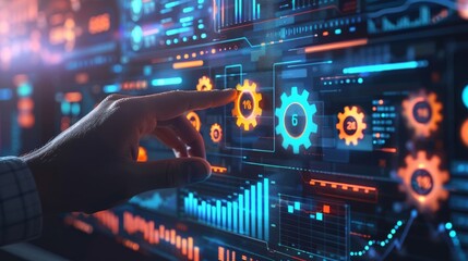 Obraz premium Business data analytics management with connected gear cogs with KPI financial charts and graphs. Businessman hand pressing an imaginary button on virtual screen
