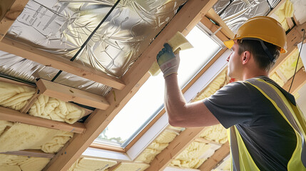 Man installing thermal insulation layer under the roof  using mineral wool panels, heat-isolating, Construction worker thermally insulating eco a house 