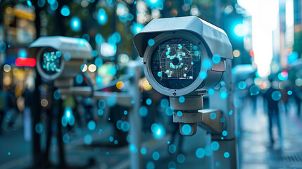 Surveillance cameras CCTV aAuthentication by facial recognition concept. Biometric. Security system.