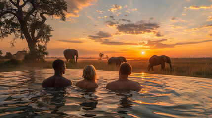  A couple of men and women in a swimming pool with the background of Elephants in the savanna in...