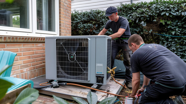 two Engineer workers installing an air source heat pump unit outdoors at a house in Europe, warmte pomp, translation air source heat pump, airco for warming and cooling, 