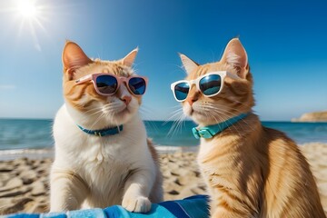Two cats are taking selfies on a beach wearing sunglasses, sunny day with blue water Generative AI