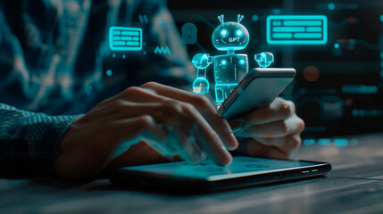 Digital chatbot, chat GPT, robot application, conversation assistant, Man using a mobile smartphone, with a digital chatbot on virtual screen, ChatGPT AI Chatbot concept
