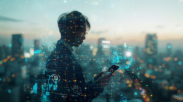 AI, Internet of Things IoT. Business man using mobile smart phone in city background, omnichannel marketing, smartphone application, 4.0 industrial technology, remote control. Copy space