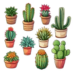 Photo sur Plexiglas Cactus en pot Watercolor Set Of Colorful Cactus Plants And Succulent Plants In Pot Isolated On White Background