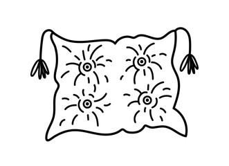 Cushion vector illustration. Black and white bedroom accessory with tassels, folds. Home pillow for bed, sofa, chair. Boho pad. For sleep, dream, relax, slumber. Hand drawn doodle, simple sketch