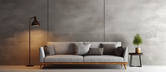 A contemporary living room featuring a sleek couch and a stylish lamp against a concrete wall texture background. A picture frame adds a touch of personalization to the room.