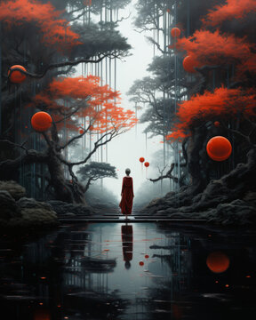 Mystical Forest with Woman and Floating Red Orbs

