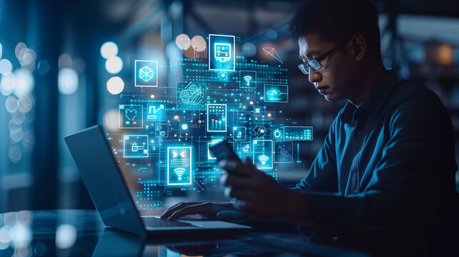 Men programmer using digital tablet computer analyze and develop software on the futuristic virtual interface screen. Algorithm, big data analysis and management, data visualization