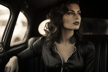 monochrome Illustration of an elegant woman in a vintage car