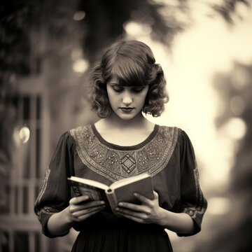 Vintage Style Portrait of a Young Woman Reading a Book Outdoors

