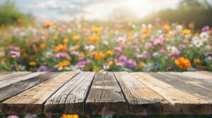 Naklejka na ściany i meble Wooden table top with copy space. Flower field background