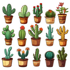 Watercolor Set Of Colorful Cactus Plants And Succulent Plants In Pot Isolated On White Background