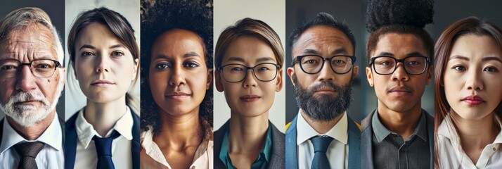 Collage of portraits of an ethnically diverse and mixed age group of focused business professionals