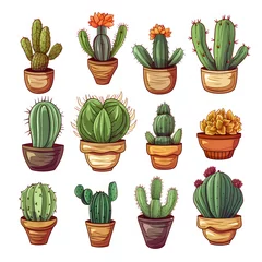 Poster de jardin Cactus en pot Watercolor Set Of Colorful Cactus Plants And Succulent Plants In Pot Isolated On White Background