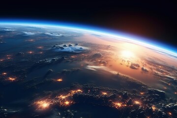 Earth from Space, Glowing City Lights and Clouds View